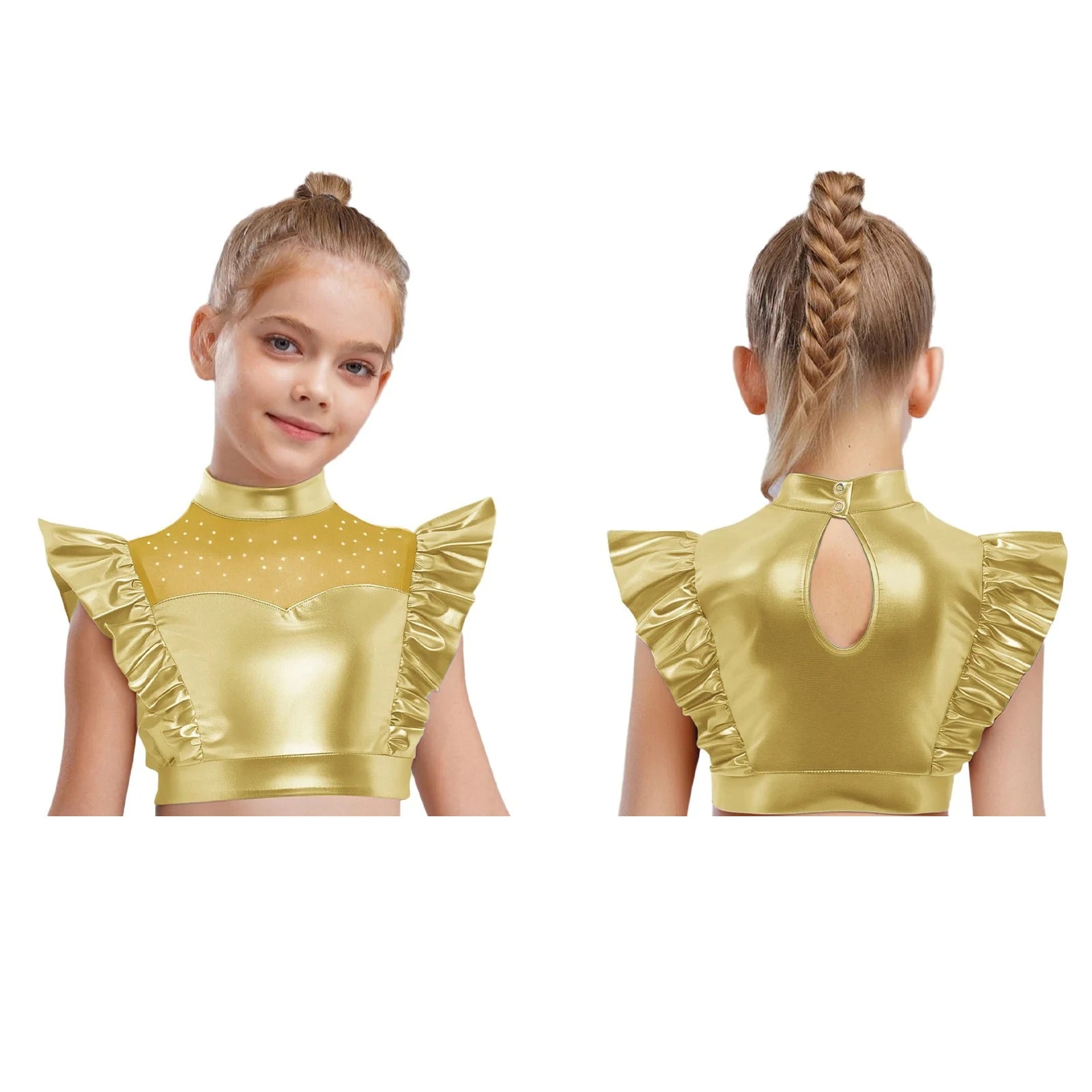 Kids Girls Metallic Shirts Party Disco Jazz Dance Tops Mock Neck Mesh Splice Shiny Rhinestone Sleeveless Ruffle Tank Crop Tops