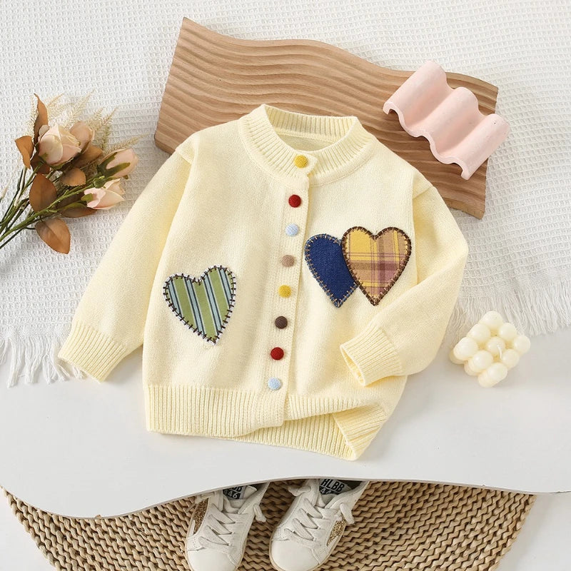 Girl's Round Neck Colorful Button Sweet Big Heart Sweater Jacket 2025 Autumn/winter New Item