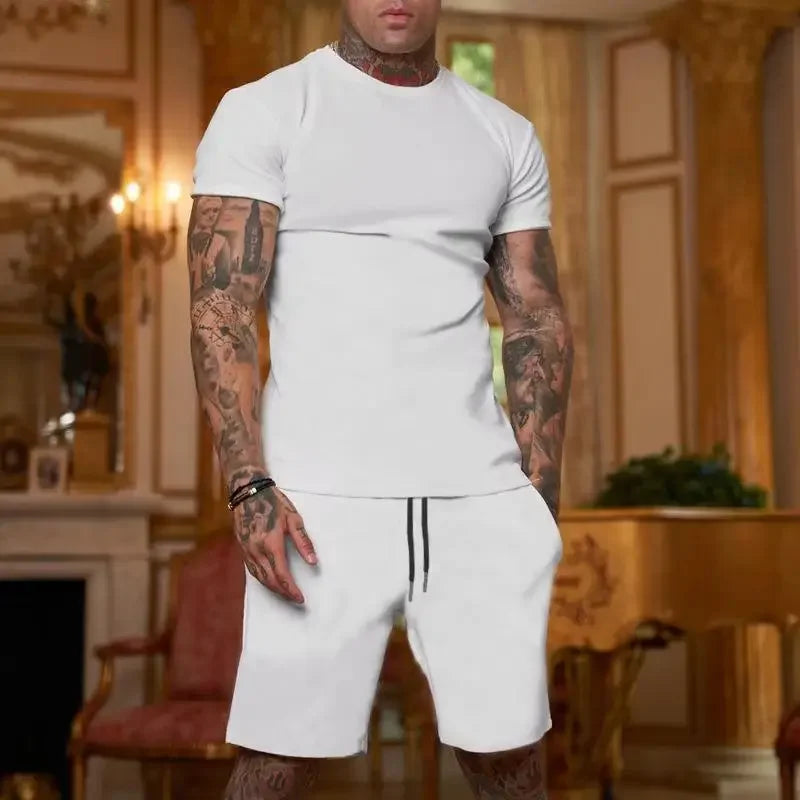 New summer fitness sportswear for men short-sleeved T-shirt and shorts two-piece set breathable and quick-drying casual wear.