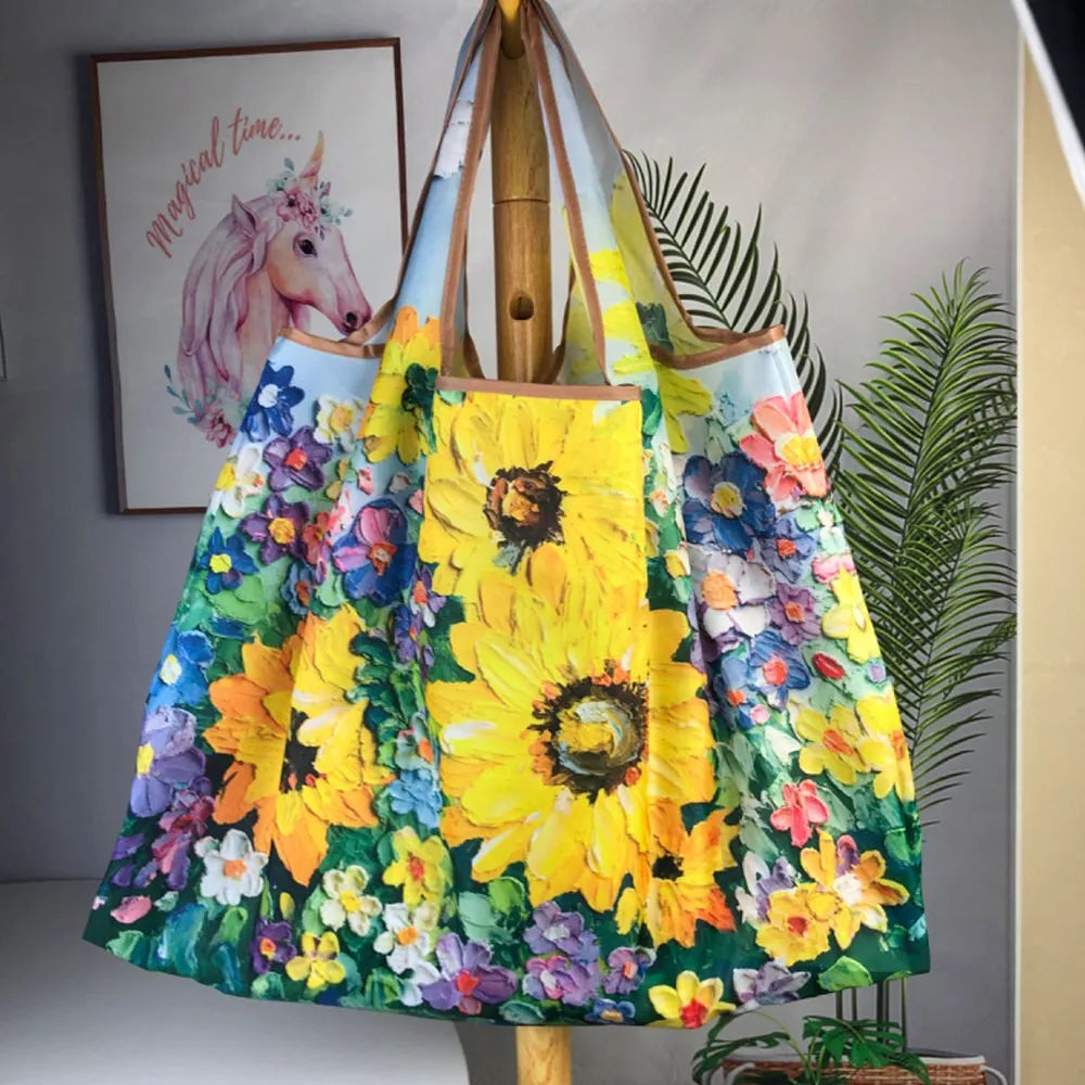 Large Reusable Grocery Shopping Bag Ladies Tote 50lb Fashion Pocket Shoulder Bag Foldable Eco Bag Washable