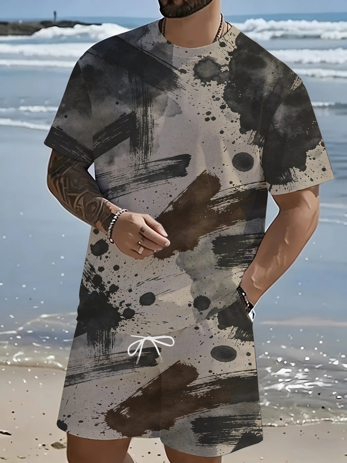 Summer Men's 2-Piece Print Set Casual Loose T-Shirt & Elastic Waist Shorts Outfit
