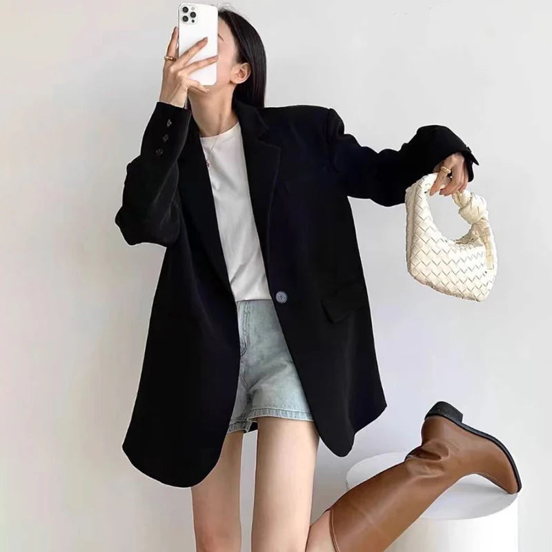 High-End Black Blazers for Women Spring Autumn Korean Chic Single Button Suit Jackets Woman Temperament Office Lady Blazer Coat