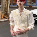 Men's Cream Stand Collar Long-Sleeve Shirt with Rose Embroidery Decorative Buttons Men's Shirts Fashion Men's Clothing