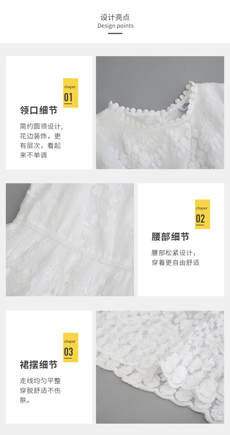 2026 summer Teenager kids Girls clothes floral mesh Princess white Dress lace off shoulder sleeveless 5 6 7 8 9 10 11 12 Years