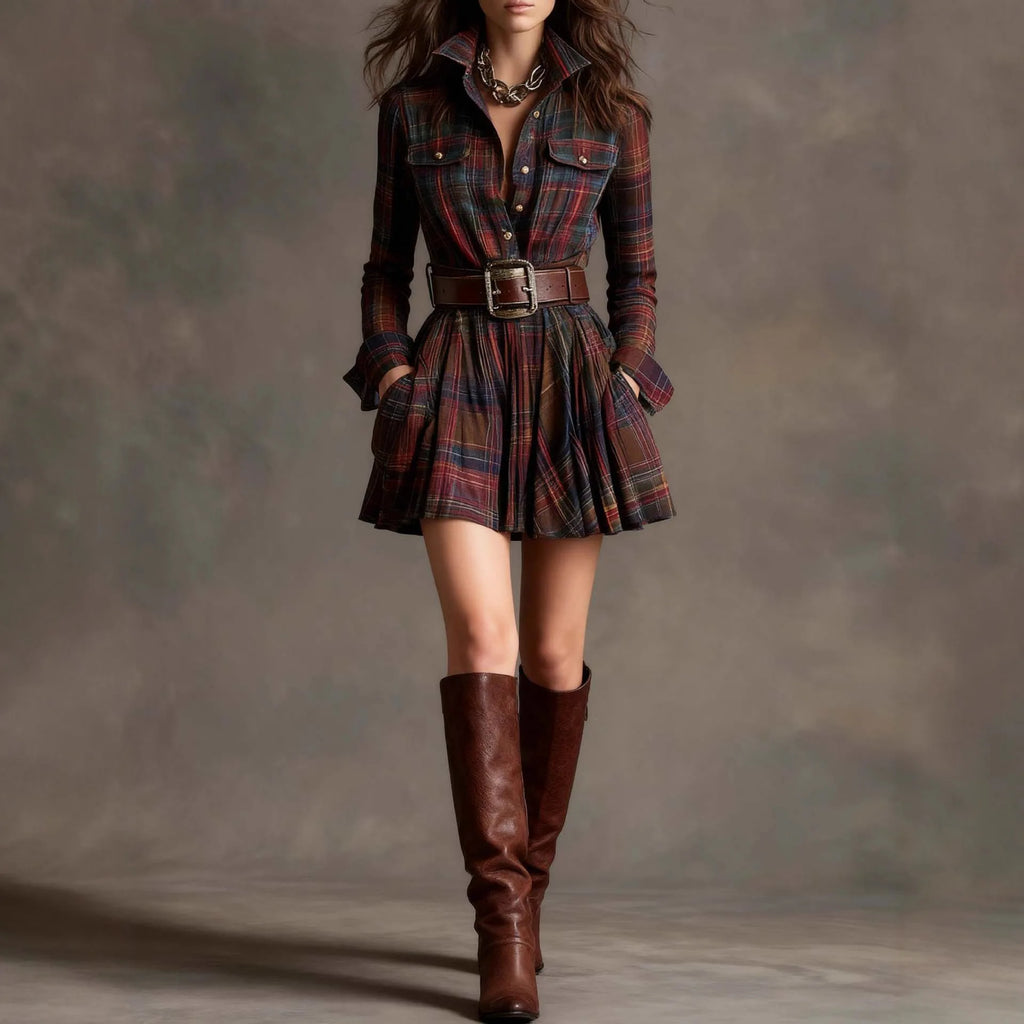 New Arrival Women's Vintage Shirt: Plaid Long Sleeve Sexy Mini Skirt Elegant High-Waisted Slim-Fit Party & Commuter Dress