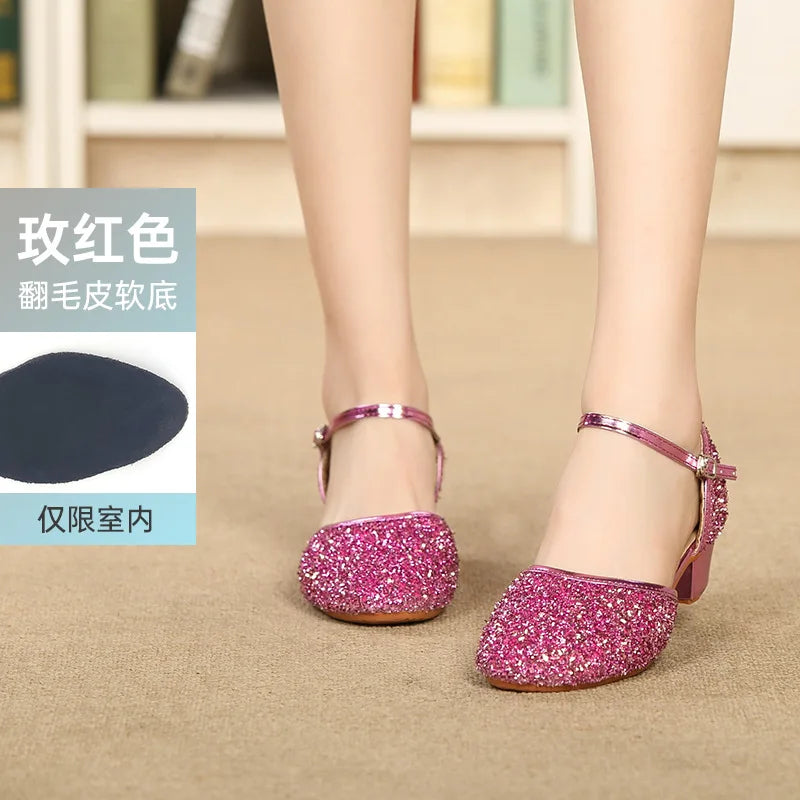 2023 New Summer Girls Party Shoes Princess Sandals Sequined Cloth Leather Glitter Buckle Strap Block Heel Kids Gift Shoes