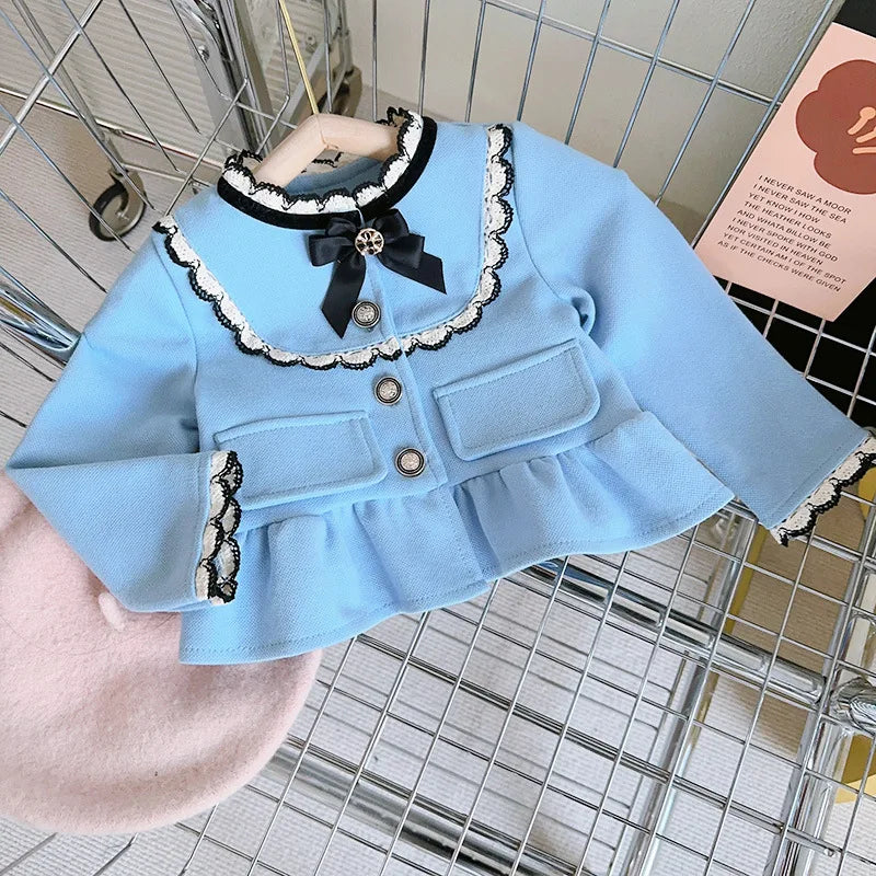 Girls Set 2024 Spring Autumn Girls Treasure Bow Two Piece Set Baby Coat Pants Blue Two Piece Set