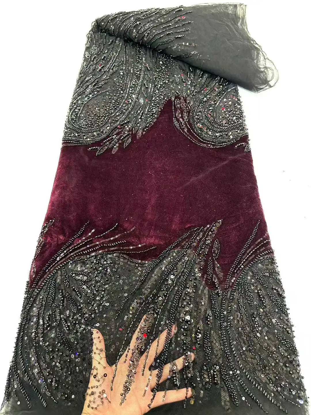 2026 African Nigeria High-Quality Velvet Beaded Sequins French Tulle Lace Fabric Dress Nigerian 5 Yards For Wedding Party Women