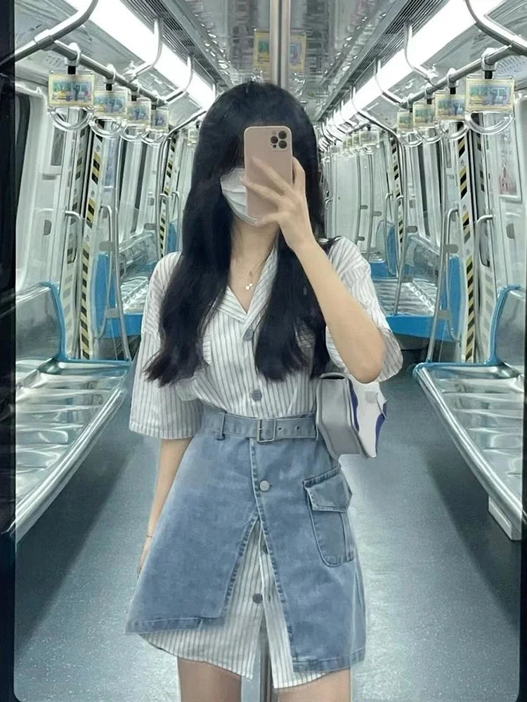 Short Sleeve Mature Skirt Women's Two Piece Set Slit Denim Y2k Clothes Formal Event New in The Same Stylish Full Female Outfits