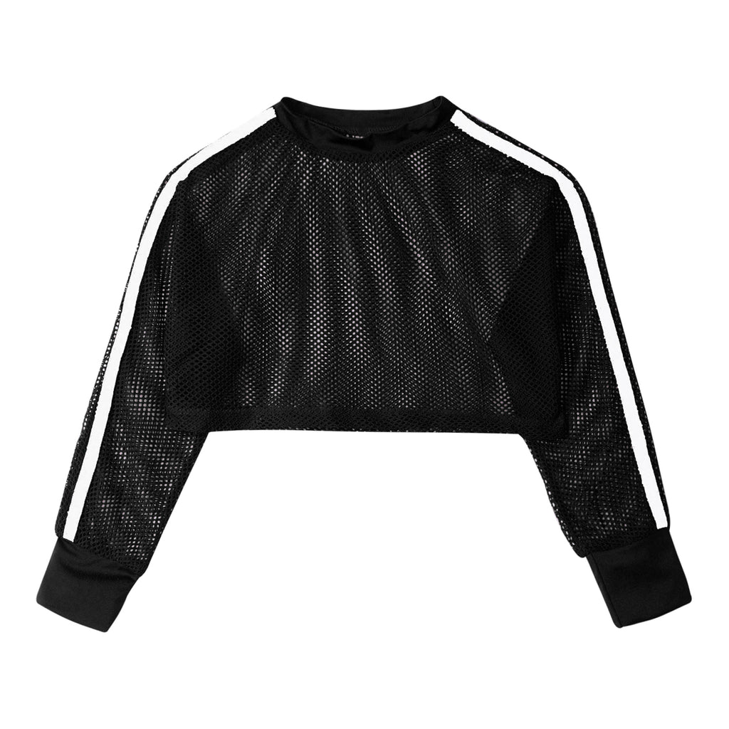 Kids Girls Fishnet T-shirt Hip Hop Street Dance Tops Long Sleeve Round Neck Hollow Out Mesh Crop Top for Workout Gym Sportswear