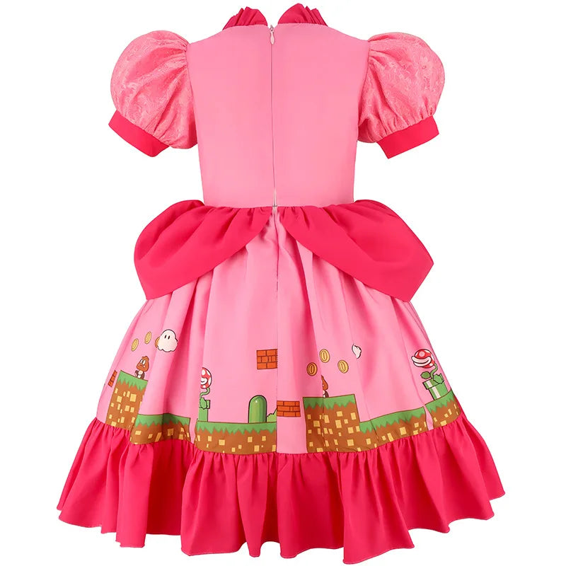 Kids Girls Summer Dresses Short Sleeve Print Costume New Movie Peach Princess Cosplay Dress Children Party Dress Birthday Gift