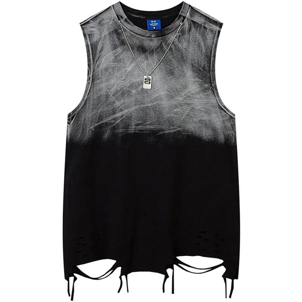 Summer New Men's Color Matching Raw Edge Sleeveless Vest American Retro Fashion Trend Street Loose Breathable Niche Men's Tops