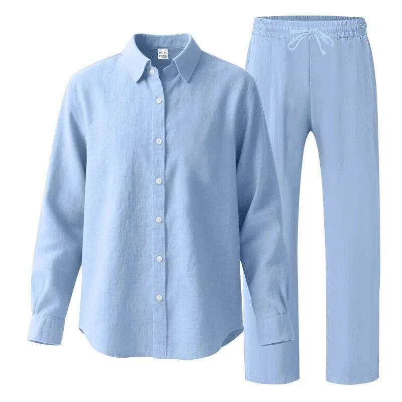 KIDWHXR Man 2-piece Outfit Spring Single-breasted Long Sleeve Shirts Male Drawstring Trousers Men Thin Cotton Linen Casual Set