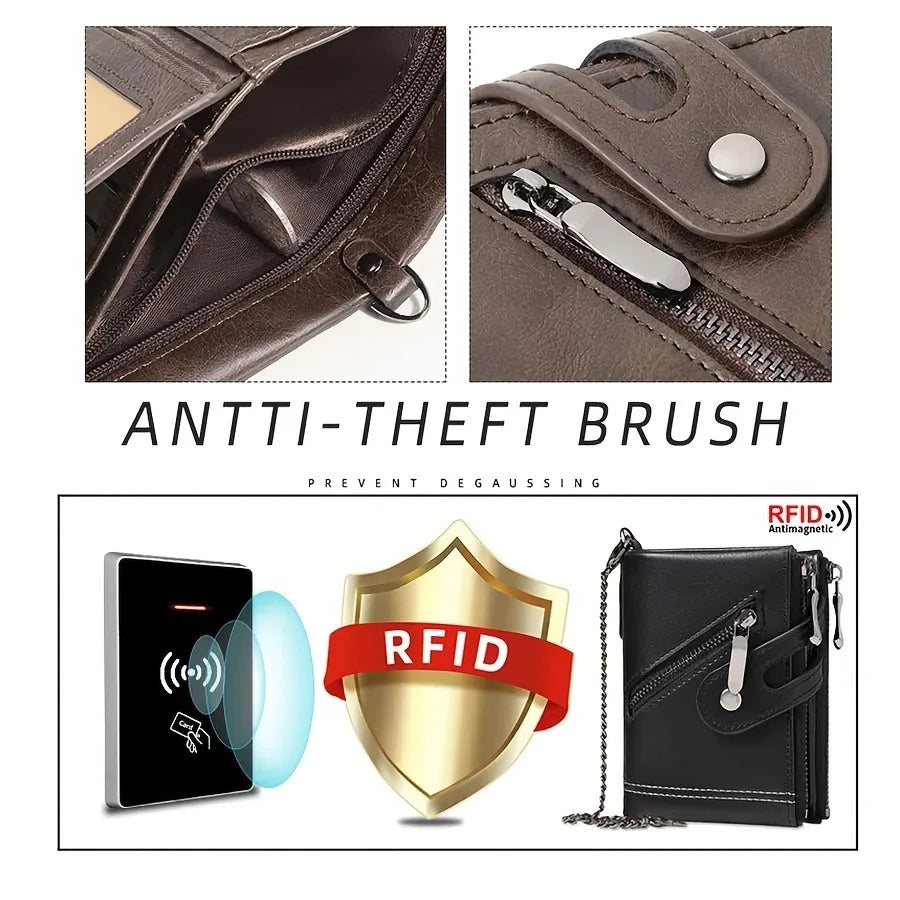 New Men's Chain Wallet RFID Anti-Theft Men's PU Leather Wallet Double Zipper Coin Purse Credit Card Holder for Men and Women