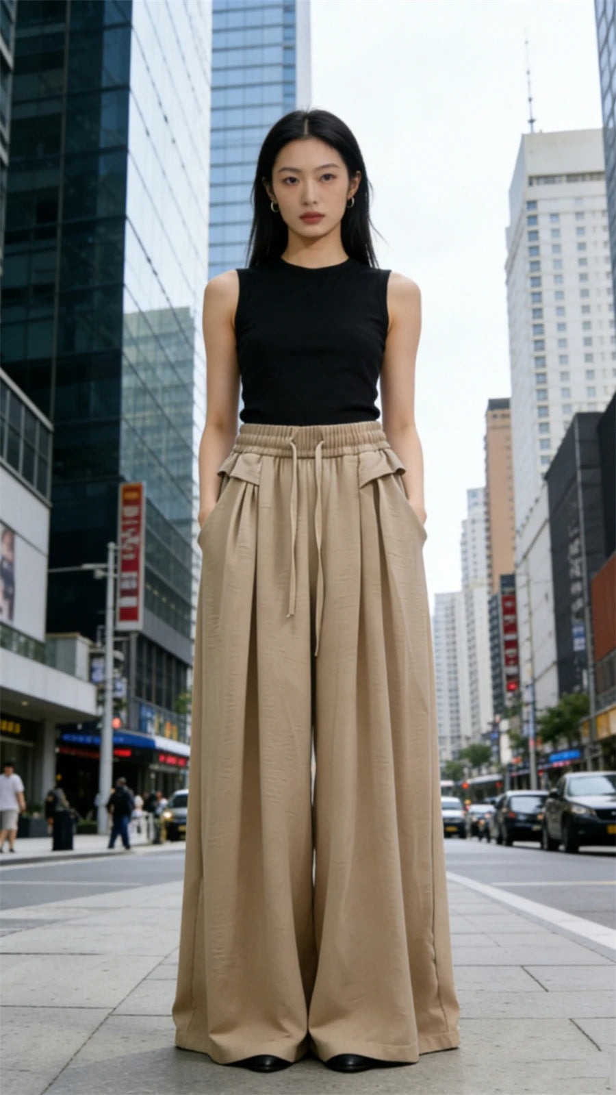 Women's Trousers New Fashion Solid Color High Waist Lace Up Thin Women's Wide Leg Pants Simple Drape Loose Casual Female Pants