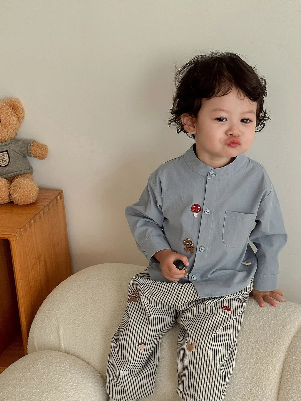 2026 Fall New Toddler Kids Pants Cotton Cartoon Embroidered Harem Pants Baby Boy Casual Striped Denim Baggy Trousers