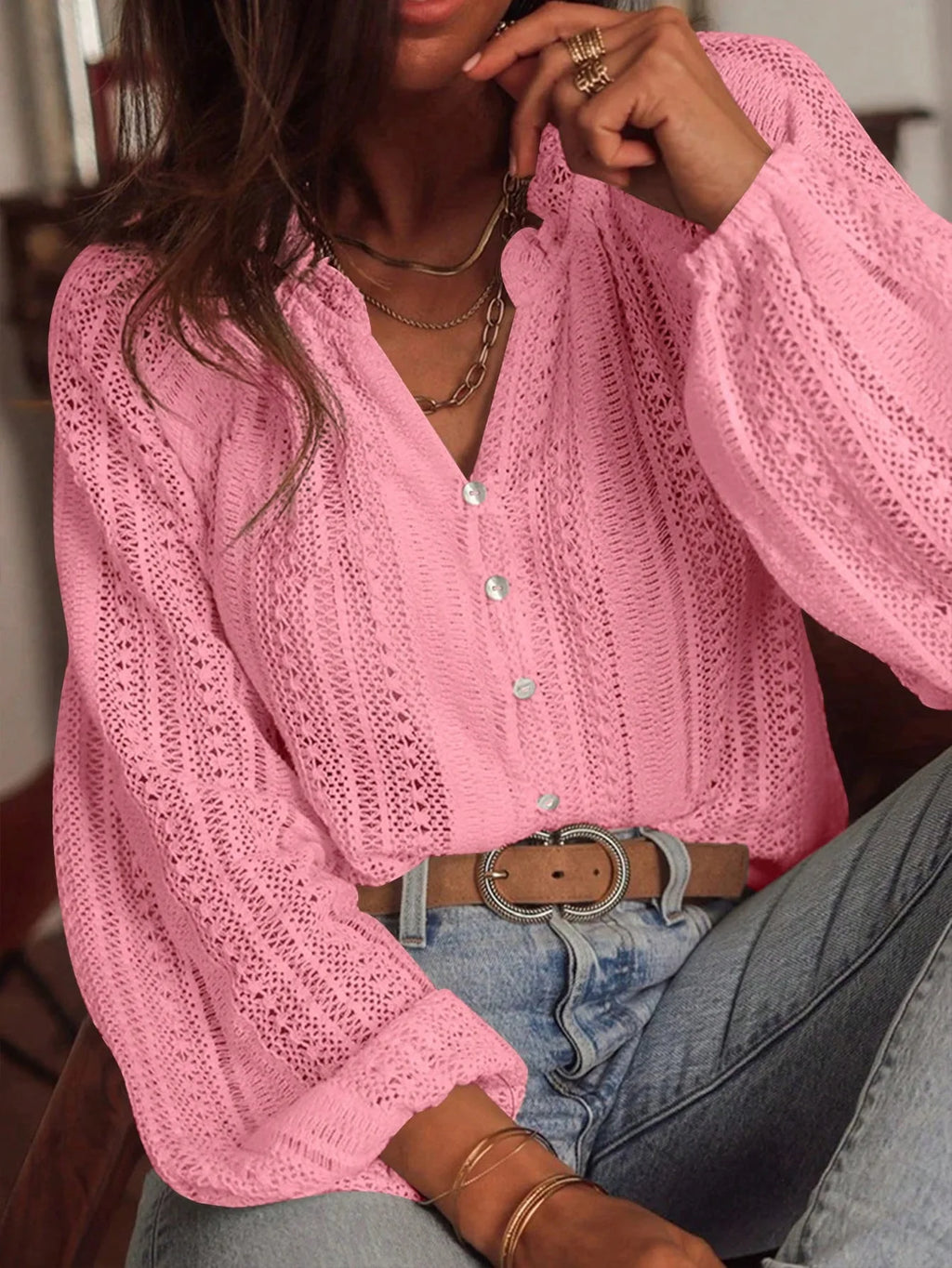 Women's Blouses Spring And Autumn New Loose Fashion Simple All-Match Hollow Lace V-neck Single Breaked Long Sleeve Women Shirts