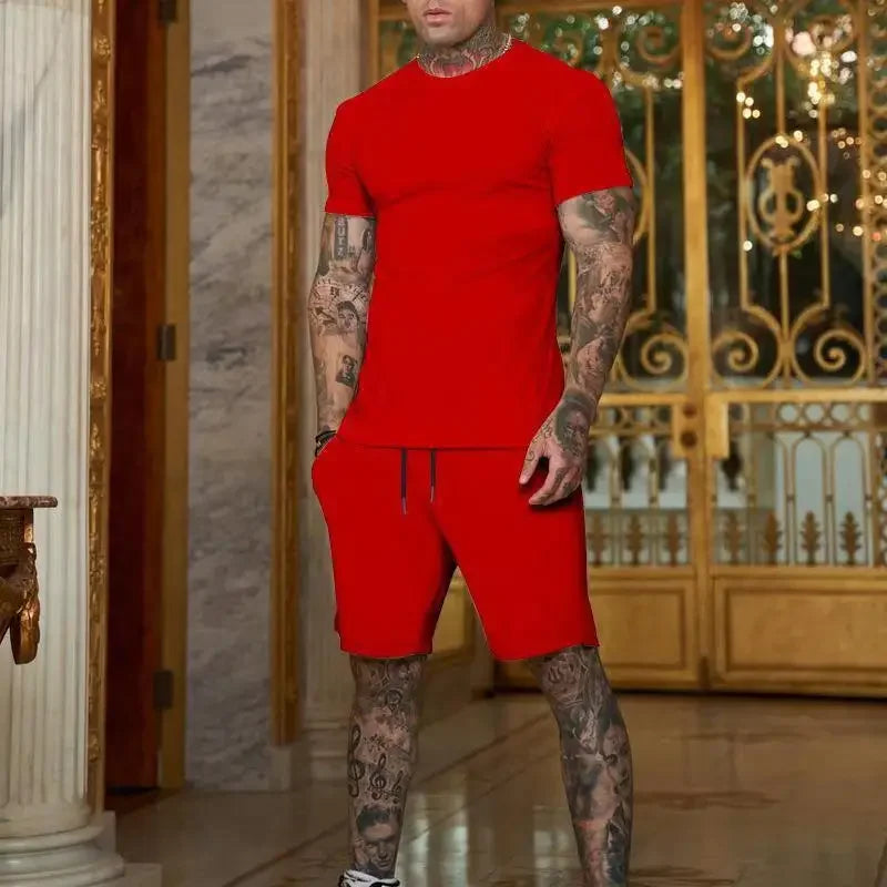 New summer fitness sportswear for men short-sleeved T-shirt and shorts two-piece set breathable and quick-drying casual wear.