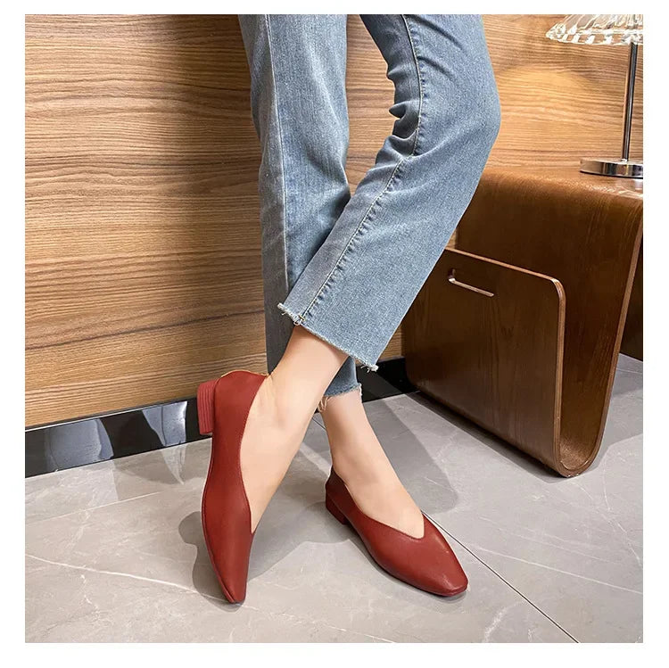 Genuine Leather Multi-color Low-heeled women's Shoes  Round Toe Flat Bottom Shallow Cut Single Shoe Casual Versatile Loafers