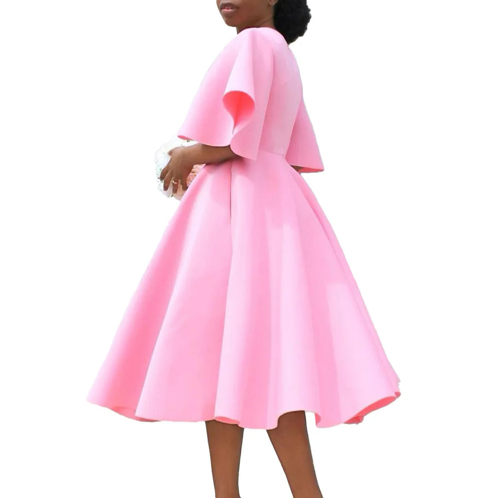 Summer Fashion African Women V-neck Polyester Short Flare Sleeve Red Black Pink Knee-length Dress African Dresses for Women