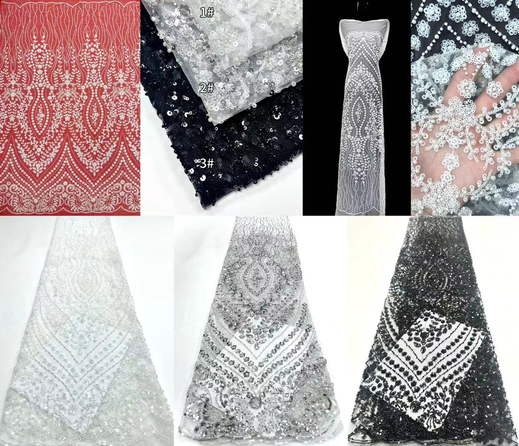 African Tulle Lace Fabric French Sequins Fabric Sewing Embroidery With Beads Lace Tulle Mesh Nigeria Dress 5 Yards sewing SZ1682