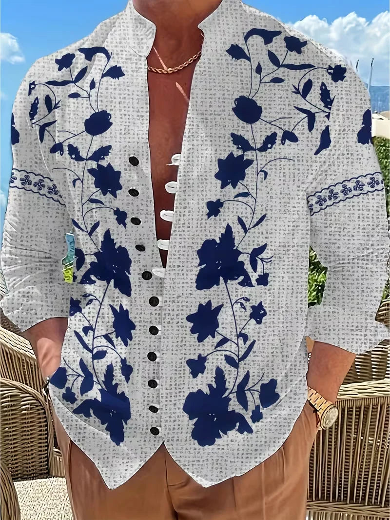New men's casual Henry collar linen shirt with ethnic flower print men's shirt high-quality top suitable for daily tops
