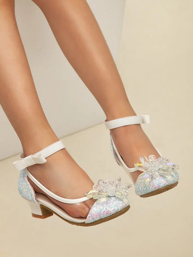 2025 New Girl's High Heel Shoes Ankle-strap Bowknot Children Princess Shoes Fashion Sequins Kids Leather Shoes for Wedding Party