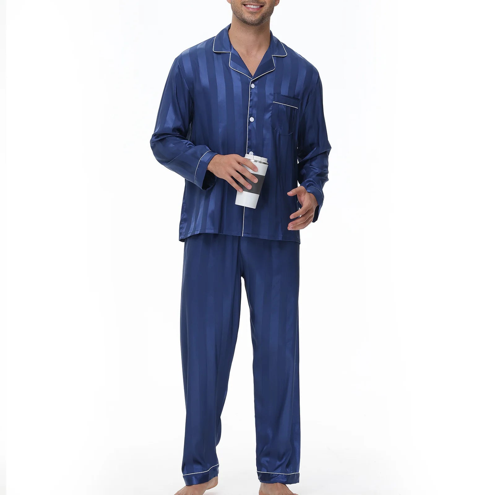 Men Pajamas Sleepwear 2PCS Set Navy Blue Stripes Long Sleeve Trouser Suits Home Clothes Male Loose Silk Satin Pijamas Loungewear