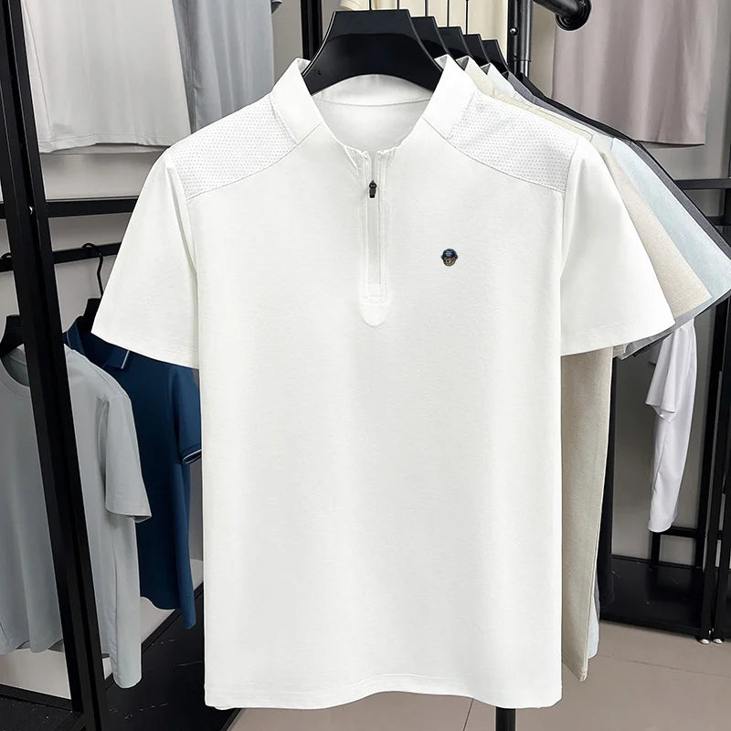 Men's Summer New Bear Embroidered T-Shirt Beach Casual Mesh Half Zipper Short Sleeve Soft Comfortable Splicing Men's Clothing