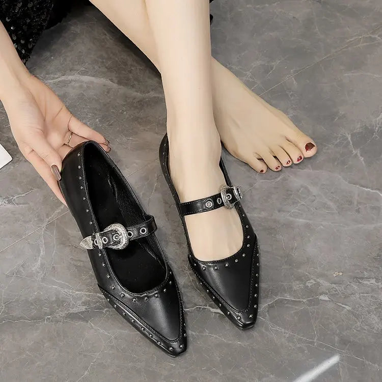 Women's Dance Shoes, Lightweight Punk Rivet Mary Jane Flats, Metallic Pointed Toe Casual Shoes for Festival,Party and Streetwear