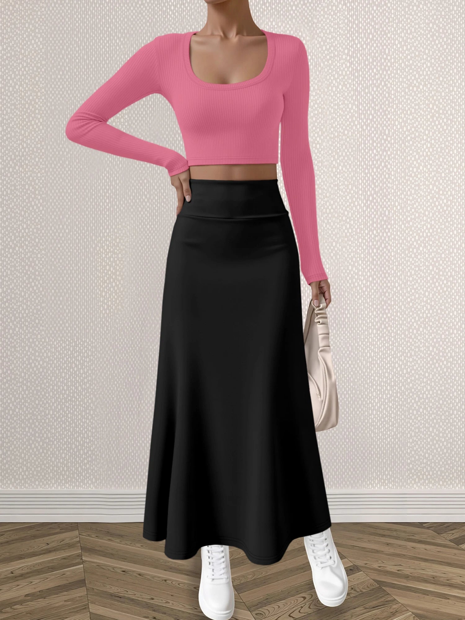 Mature Style Women 2Pcs Outfit, Ribbed Square Neck Crop Top + High Waist Draped A-Line Maxi Skirt