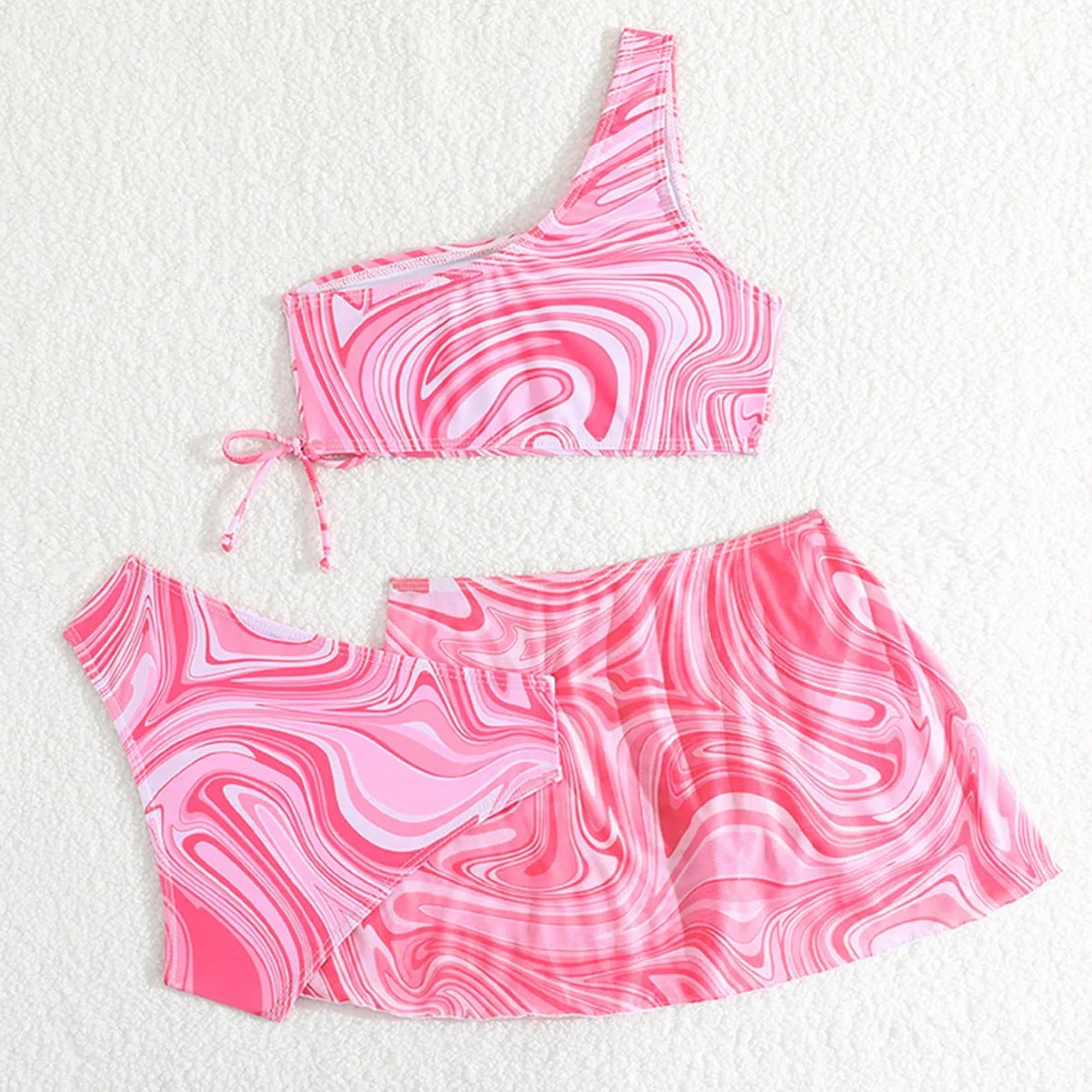 Girls 3pack Ripple Print One Shoulder High Waist Bikini Kids Swimsuit 7-12 Years Children's Swimwear Teens Bathing Suit Pink