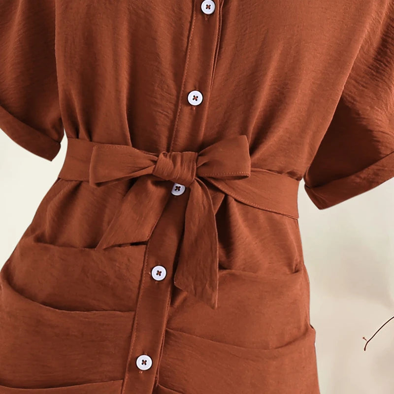 Girls 8-12 Casual Dress, Brown Lapel Short Sleeve Belted Ruched Bodycon Shirt Dress, Retro and Elegant for Daily Wear