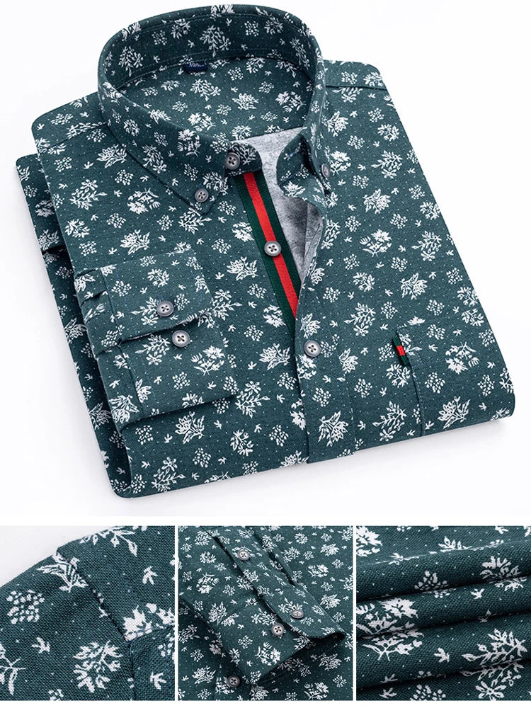 Men's Stylish Floral Print Button-Up Collar Dress Shirt with Stripe Placket, Holiday Style 100% Cotton Long Sleeve Oxford Shirts