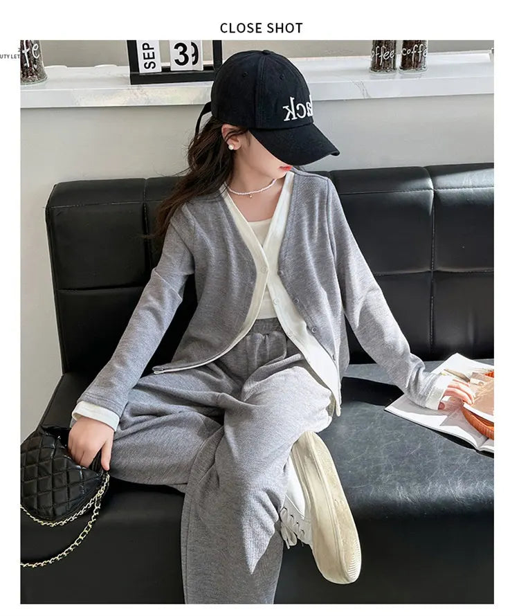 Korea Style Girls Casual Clothing Sets Single Button V-Neck Fake Splice Top and Pants Two Pieces Grey Khaki Kids Teenage Outfits