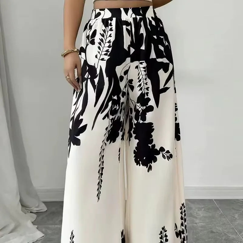 Women's Trousers Fashionable High Street Black And White Flower High Waist Casual Wide Leg Pants 2026 Spring Summer New Style