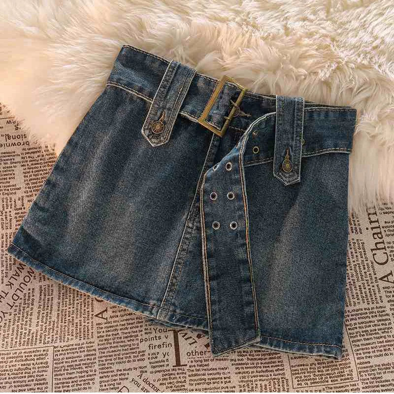 Skirts Female Casual Ball Gown Korean Slim A Line Skirts New Vintage Women Denim Mini Skirts Summer Solid Belt Sexy Jeans
