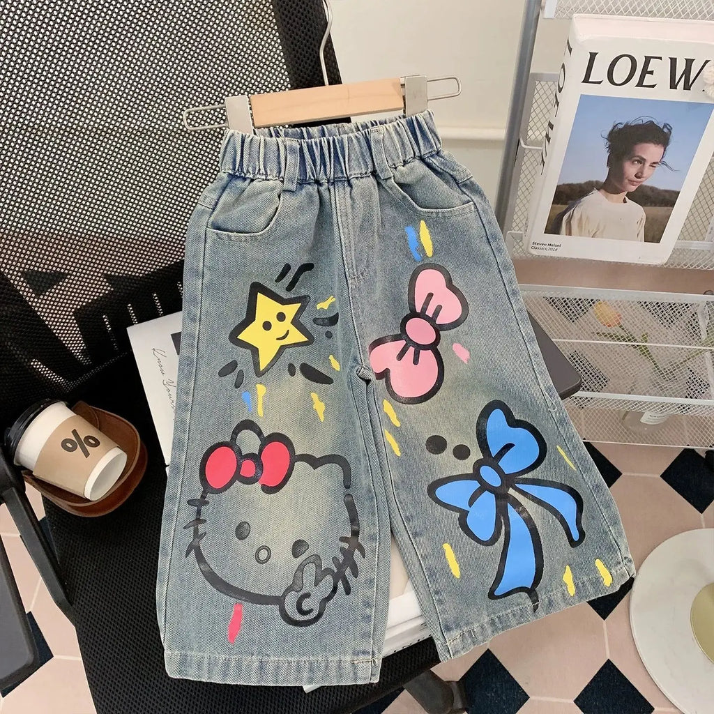 2026 Sanrio Hello Kitty Jeans Children Street Style New Loose Fit Trendy Cool Spring Autumn Fashion Long Denim Pants Casual Wear