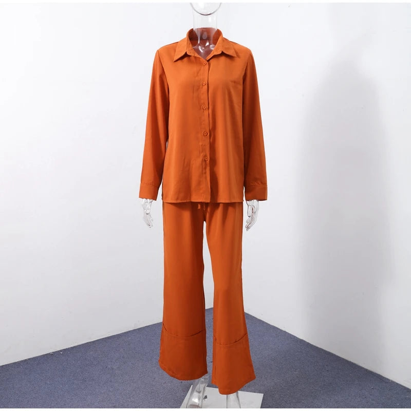 Shirt Trousers 2 Pieces Set For Women Solid Turn Down Collar Long Sleeves Single Breasted Top Lace Up Pants 2025 Ladies Outfits