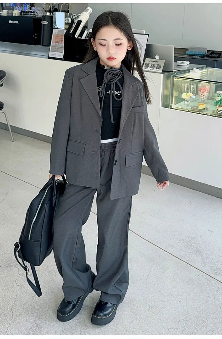 8 10 12 14 teenage Girl suit set Blazer+Wide leg pants 2pcs junior kid clothes suits children clothing girls outfit sets Costume