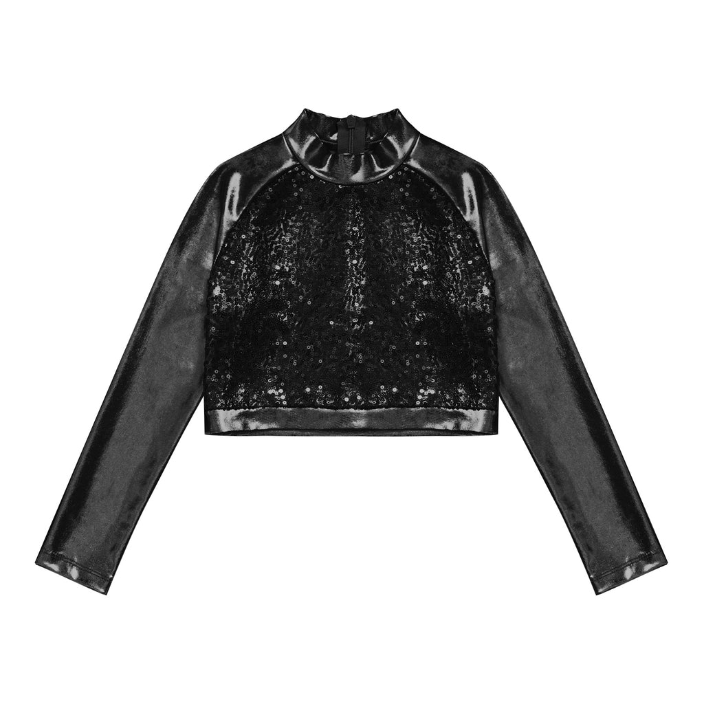 Kids Girls Shiny Metallic Crop Top Mock Neck Long Sleeve Front Sequin Fully Lined Athletic T-Shirts Jazz Hip-hop Dance Tops