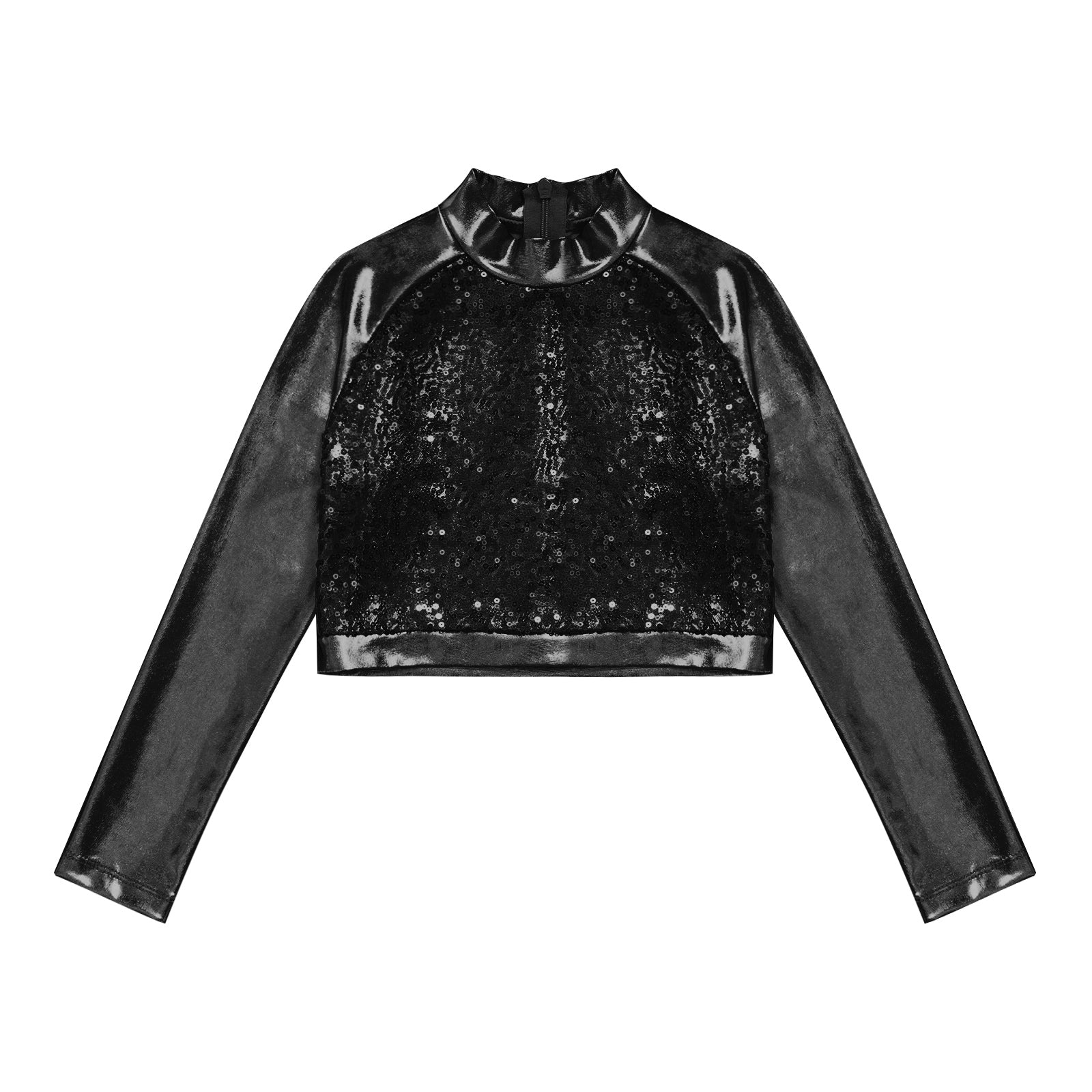 Kids Girls Shiny Metallic Crop Top Mock Neck Long Sleeve Front Sequin Fully Lined Athletic T-Shirts Jazz Hip-hop Dance Tops