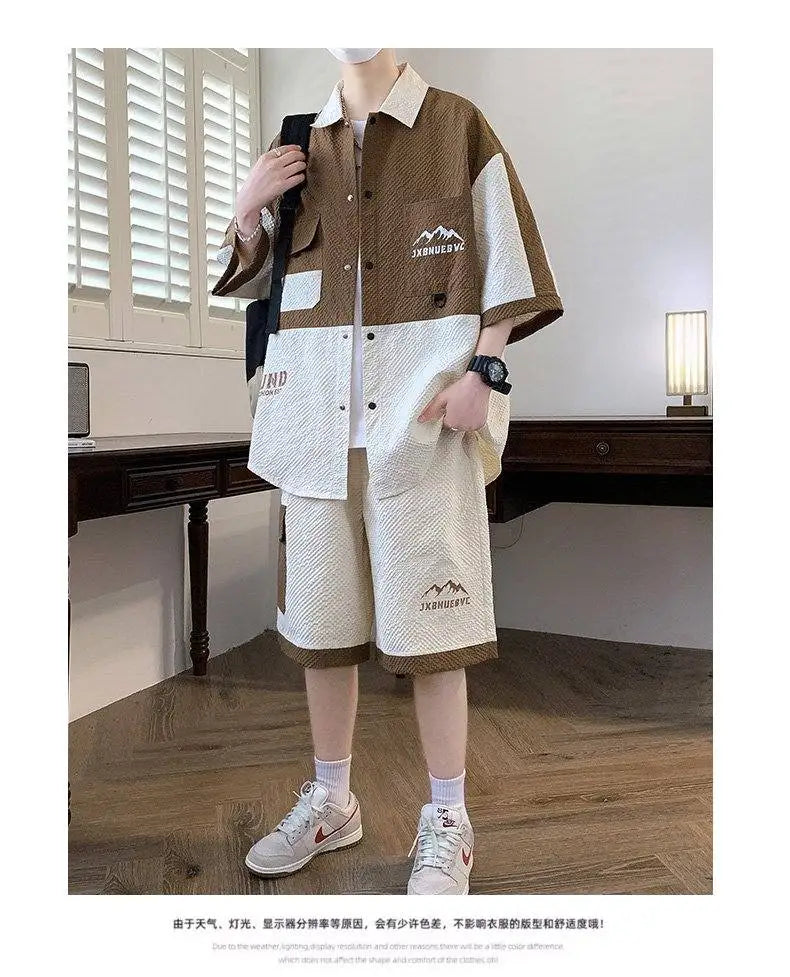 Men's 2 Piece Matching Set Short Sleeve Button Down Shirt + Cargo Shorts Textured Color Block Outfit Loose Fit Summer Lounge Set