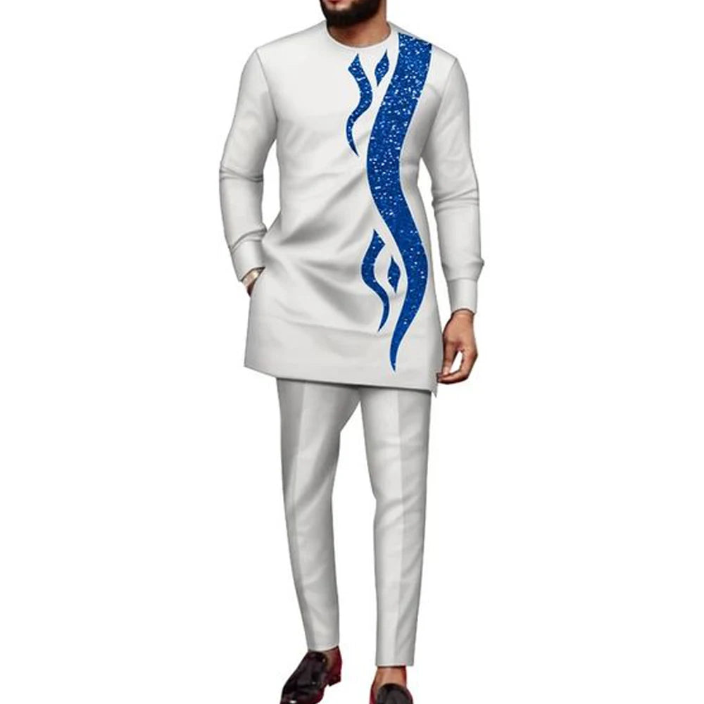 African Traditional Men Suit Printed Shirt Top Elastic Waist Pants White Wedding 2 Piece Set Outfits Ethnic Style Costumes