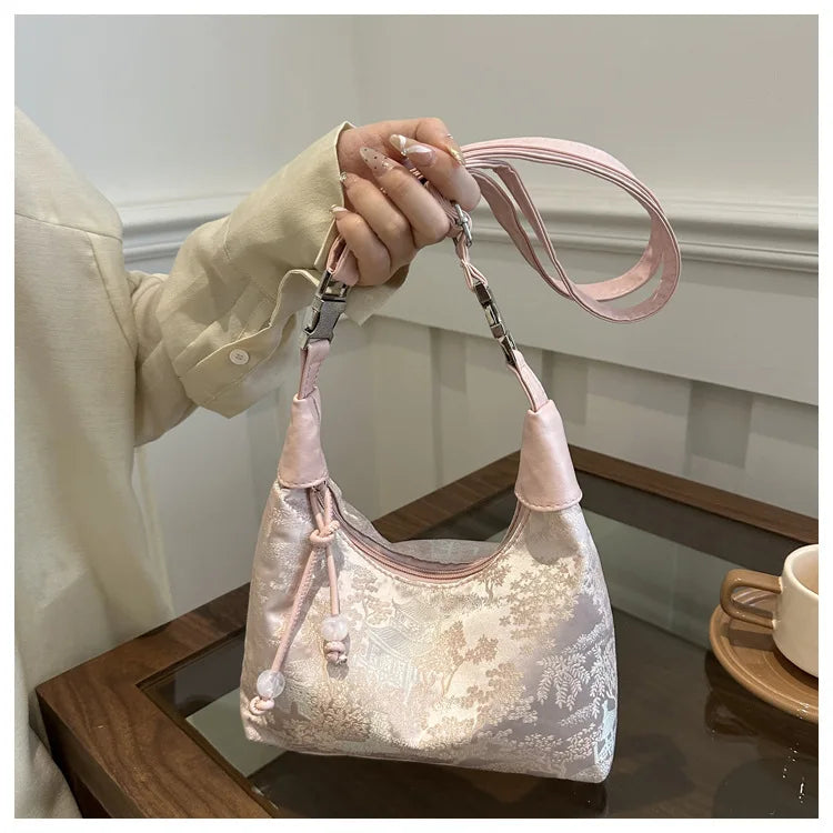 Designer Luxury Bags Woman Sweet Embroidery Shoulder Bag Nylon Texture Pearl Pendant Crossbody Handbag Bucket Handbag Women Girl