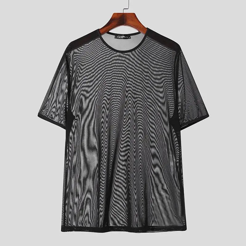 2024 Men T Shirts Mesh Transparent O-neck Short Sleeve Streetwear Men Clothing Solid Color Sexy Fashion Camisetas S-3XL INCERUN