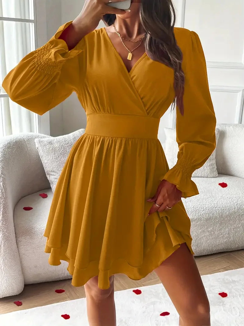 Summer New Dresses 2026 Woman Clothing V-Neck Lantern Sleeve Wrap Mini Dress Ruched Waisted Dress Elegant for Spring Party Dress