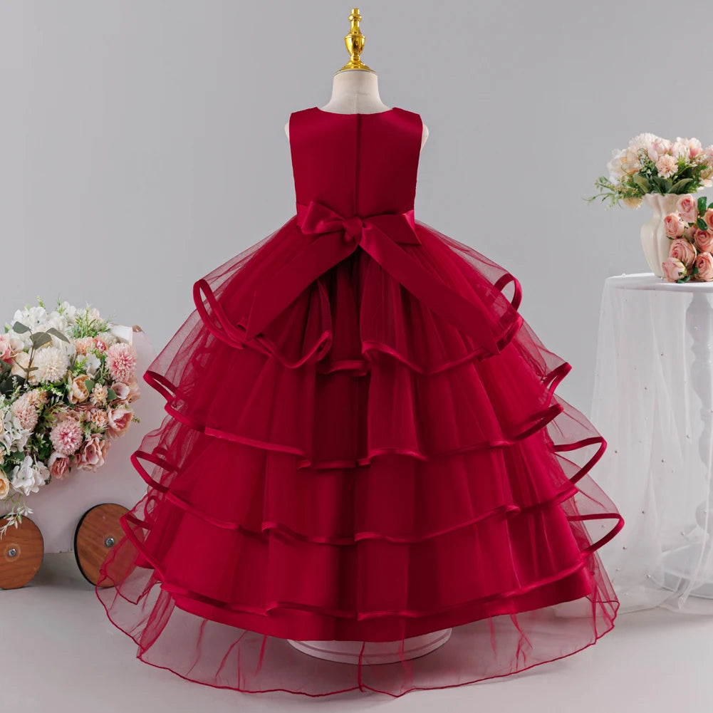 Girls Princess Dress Sleeveless Lace Embroidery Tiered Tulle Bow Formal Evening Gown for Wedding Birthday Party Christmas