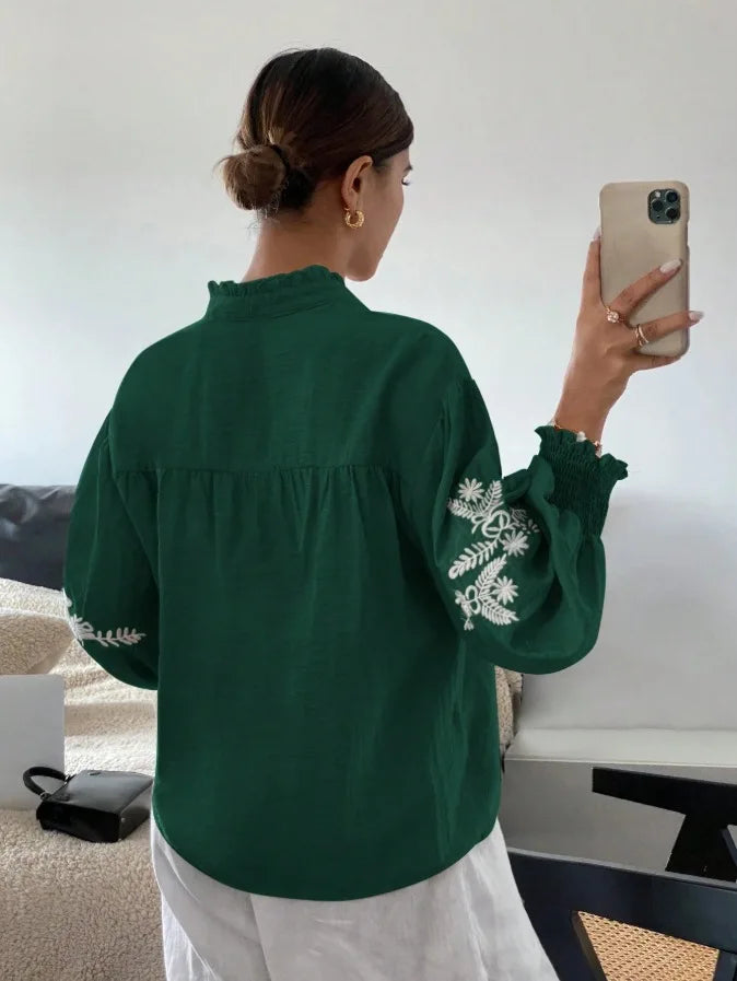 Women Autumn Single Breasted V-neck Blouses and Shirts Ladies Casual Embroidery Long Sleeve Shirt Tops