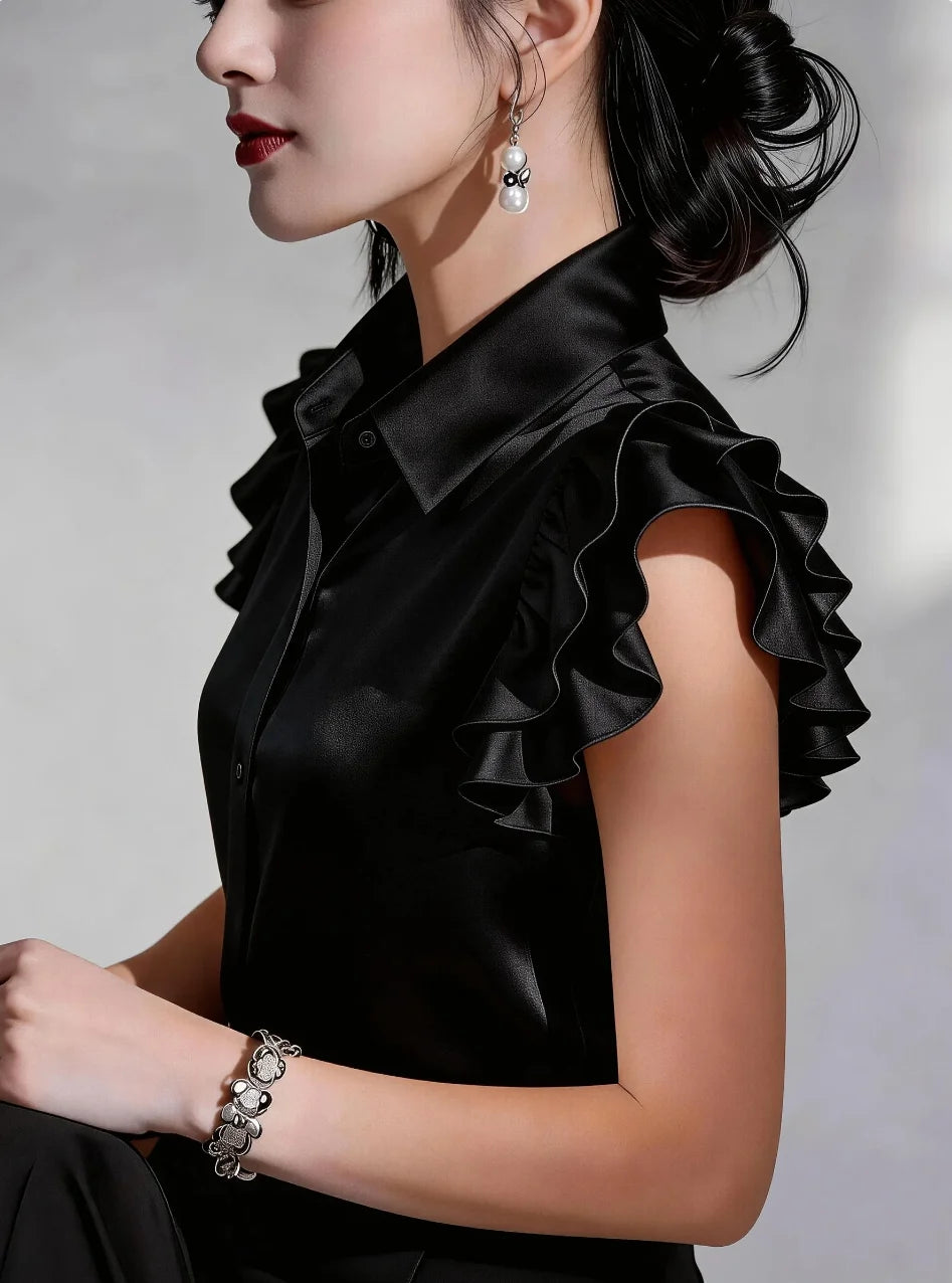 Women Elegant Satin Ruffle Sleeve Button Down Blouse Turn Down Collar Office Work Casual Shirt Top